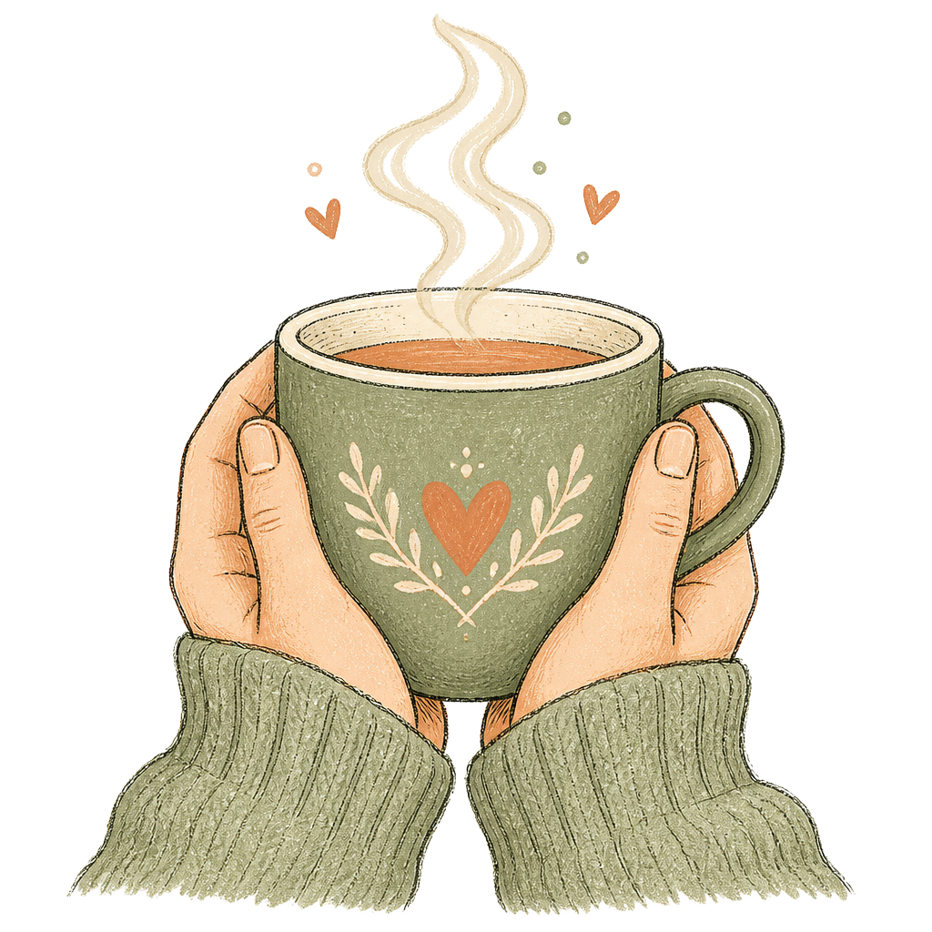 Illustration of hands holding a warm cup with wavy steam